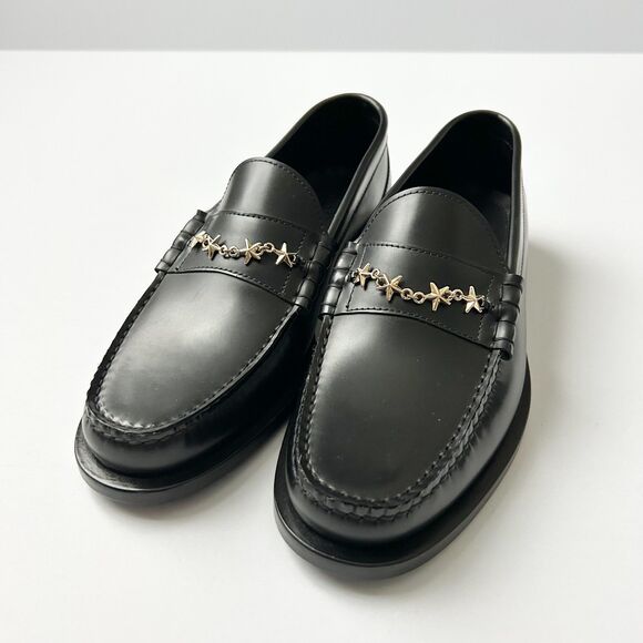 NEW Jimmy Choo Mocca Gold Tone Star Chain Loafers Black Leather Size IT 39 US 9 - Picture 2 of 7